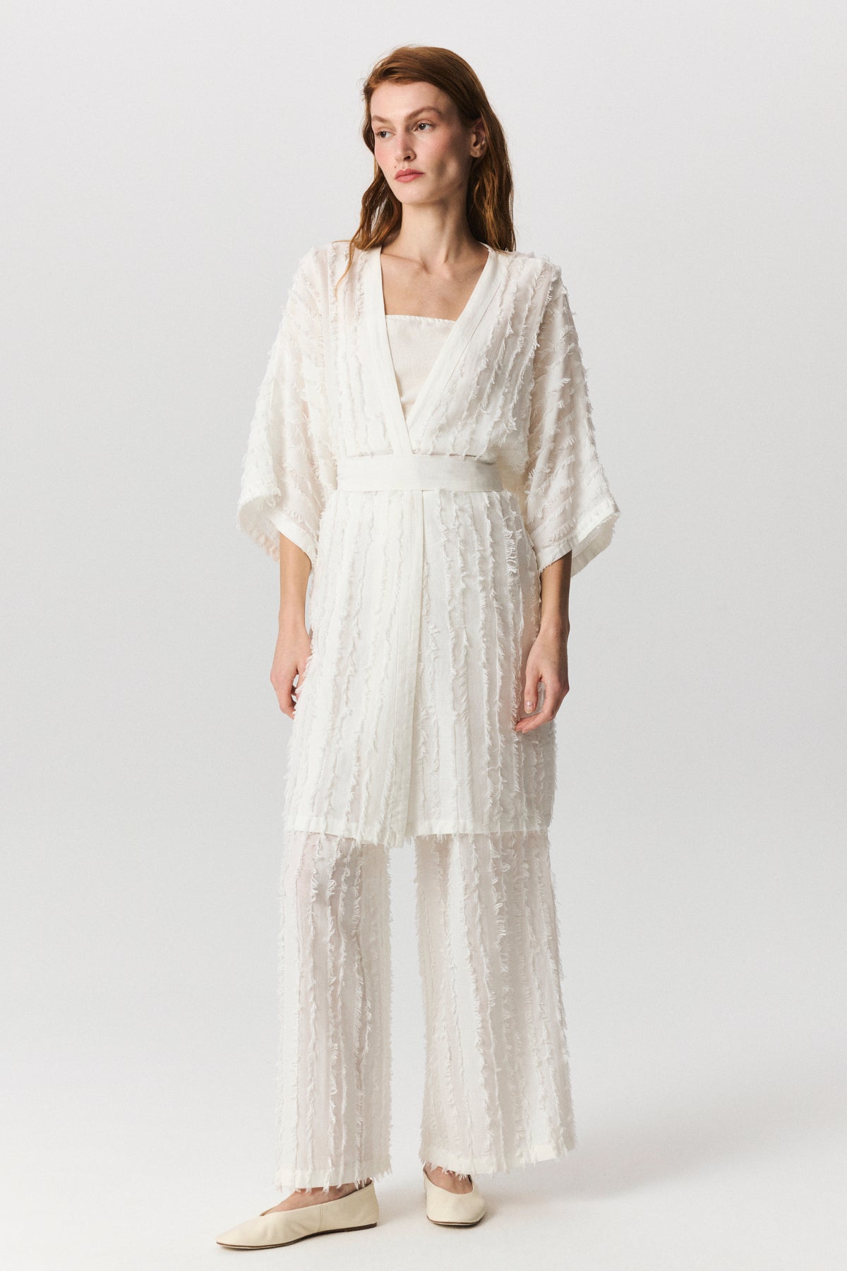 Eva textured cotton kimono dress with tasseled weave and belted waist