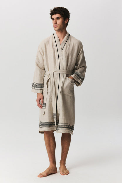 Marl linen bathrobe in off-white with hand-loomed border detail