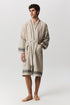 Marl linen bathrobe in off-white with hand-loomed border detail
