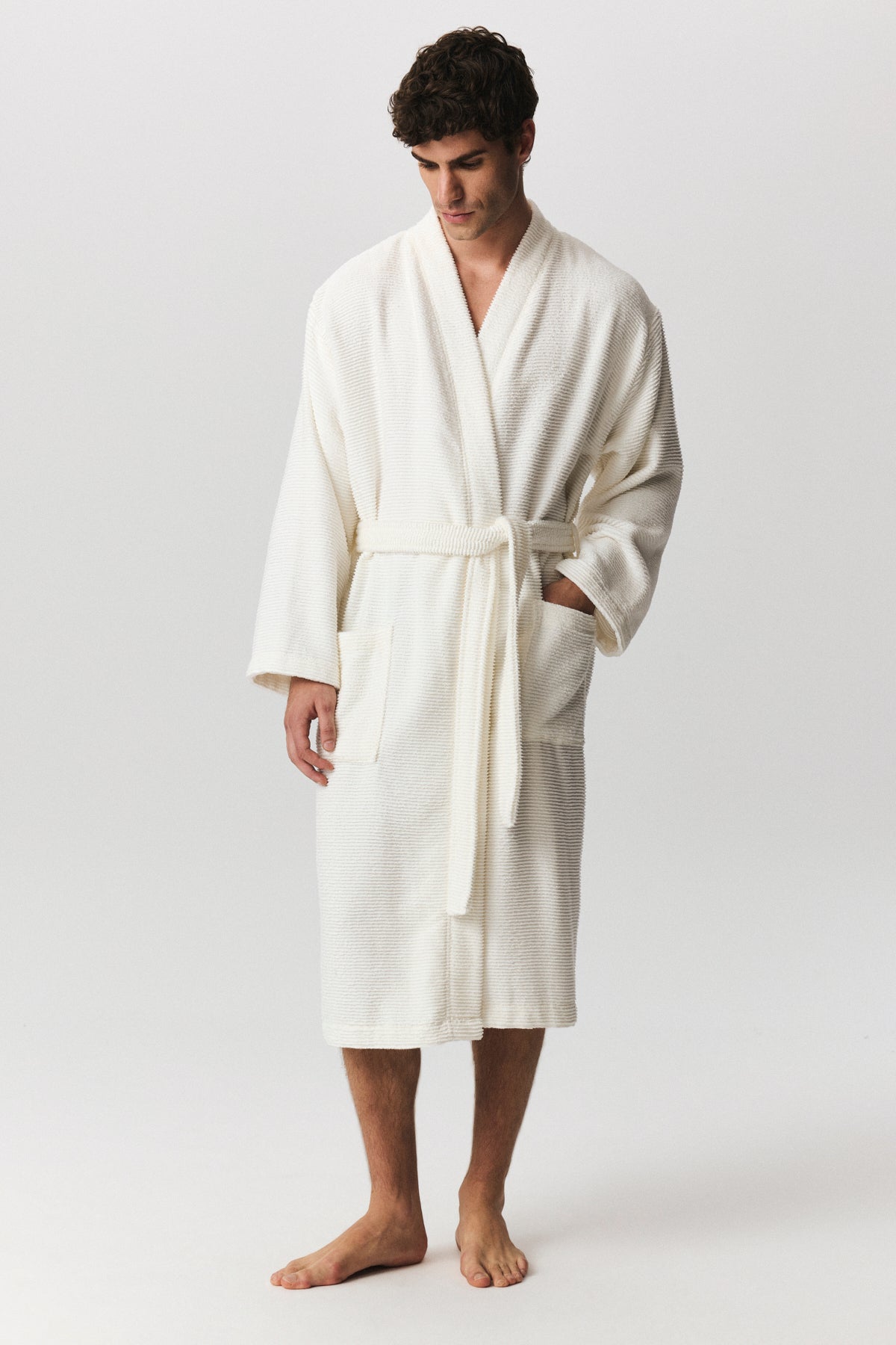 Sardes textured cotton bathrobe in off-white with self-striped weave