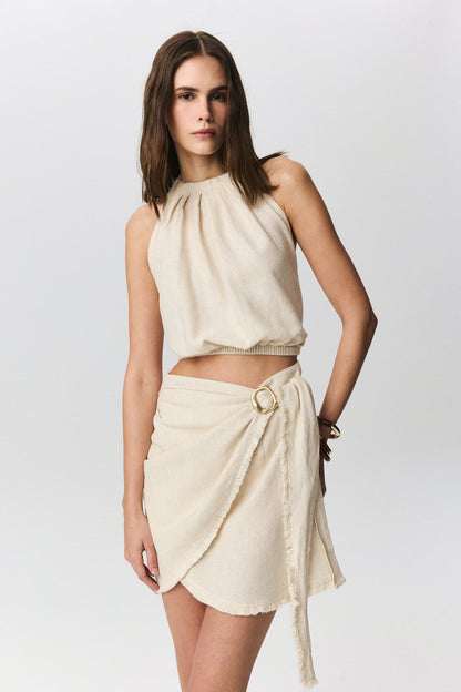 Pagos tie-neck crop top in natural linen cotton blend with open back