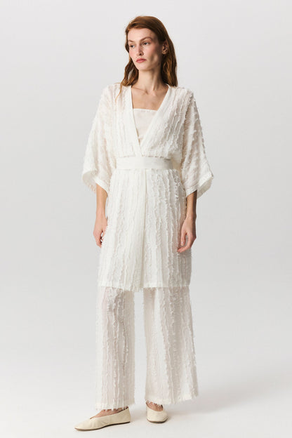 Eva textured cotton kimono dress with tasseled weave and belted waist