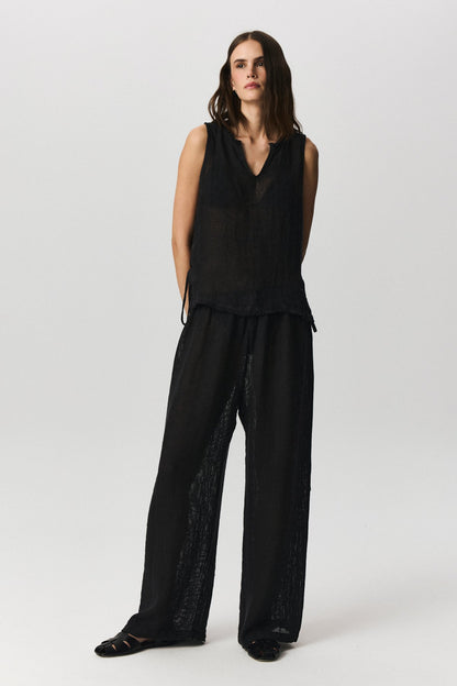 Amalfi wide-leg linen trousers in natural sheer weave with elasticated waist