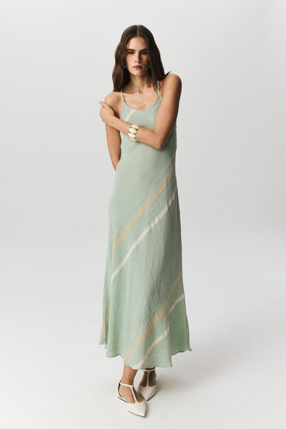 Regina diagonal pattern dress with adjustable straps in cotton linen blend