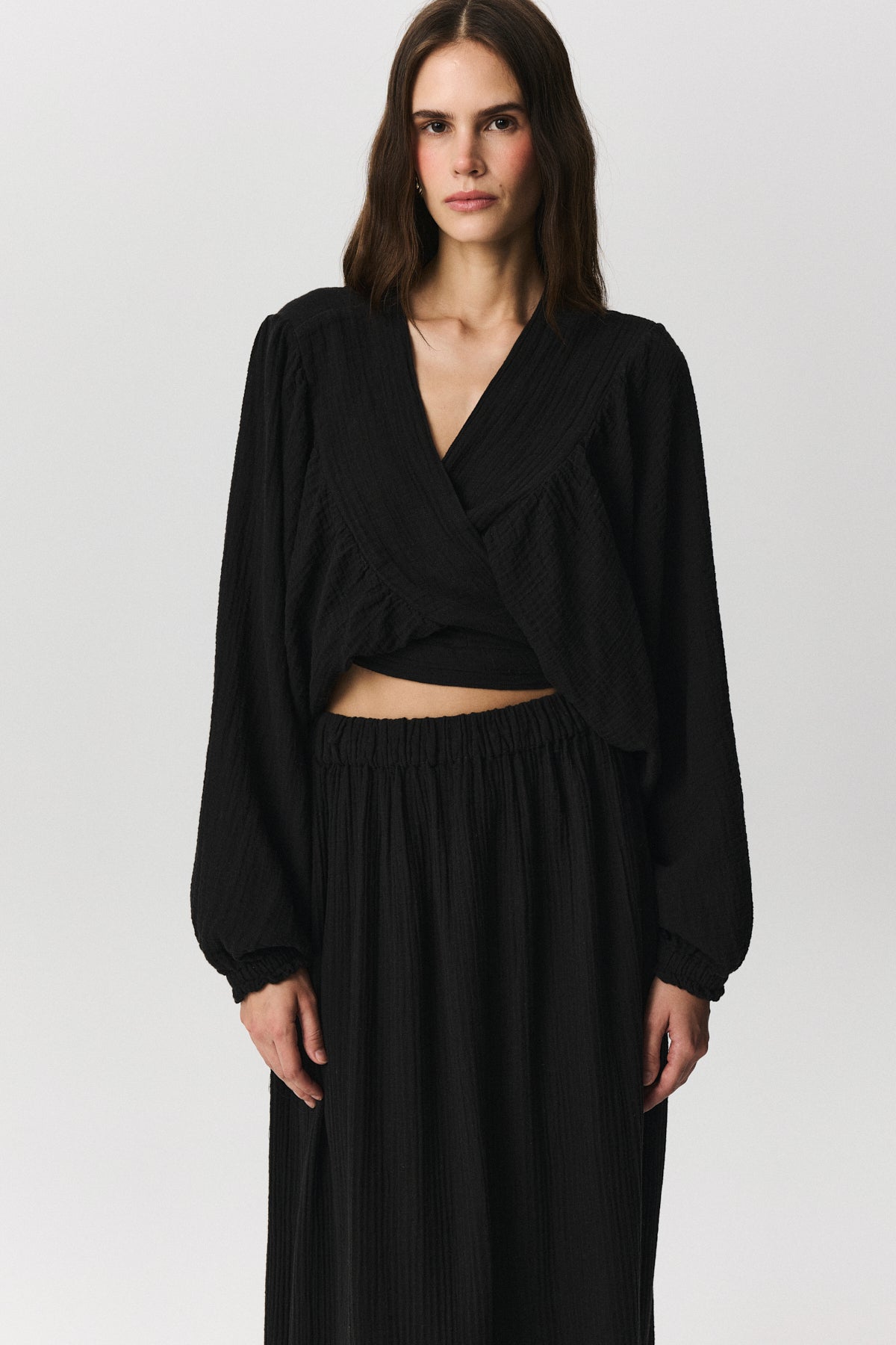 Selene reversible crop top in natural cotton linen blend with wrap tie