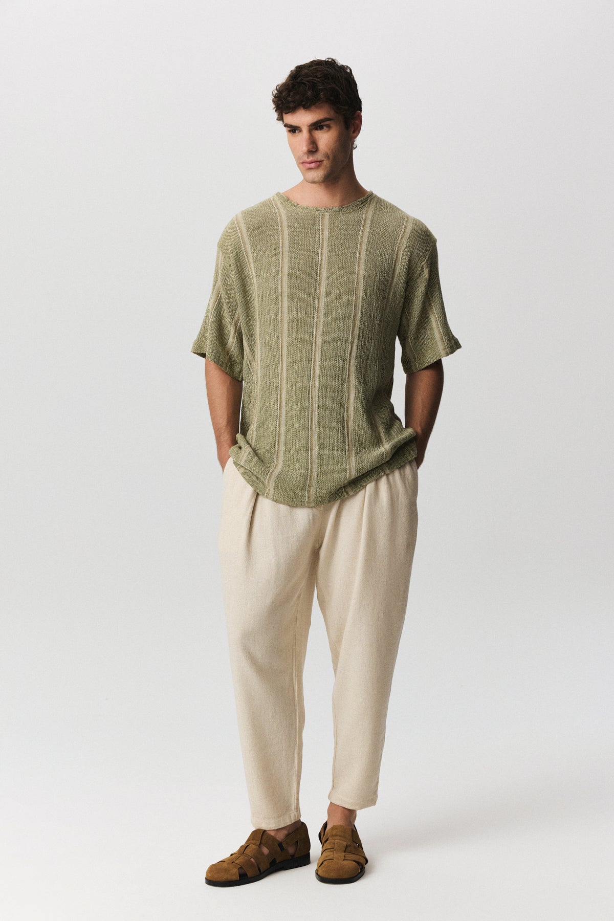 Joy unisex cotton linen trousers with elasticated waist and front pleats