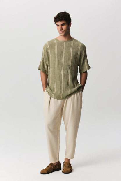 Joy unisex cotton linen trousers with elasticated waist and front pleats