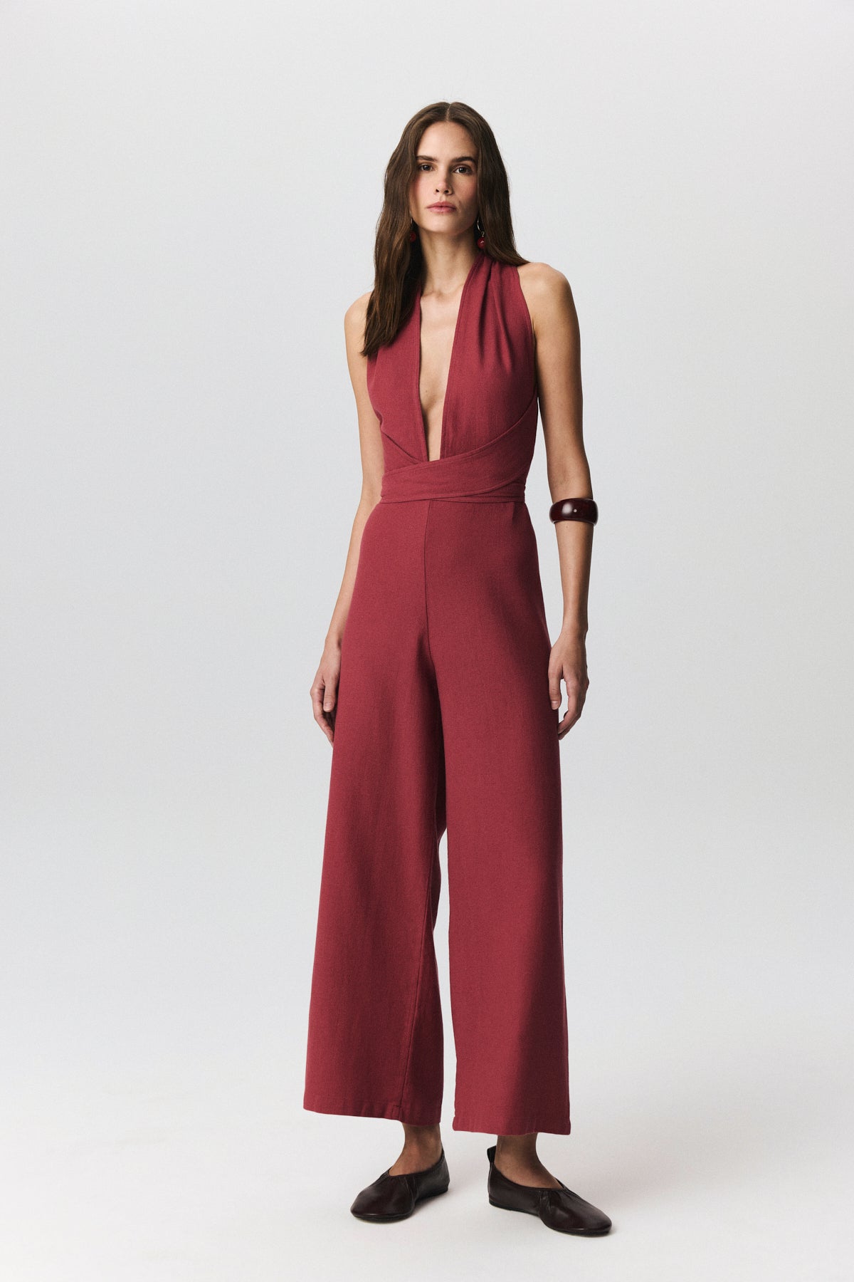 Alto wide-leg halter jumpsuit in cotton linen blend