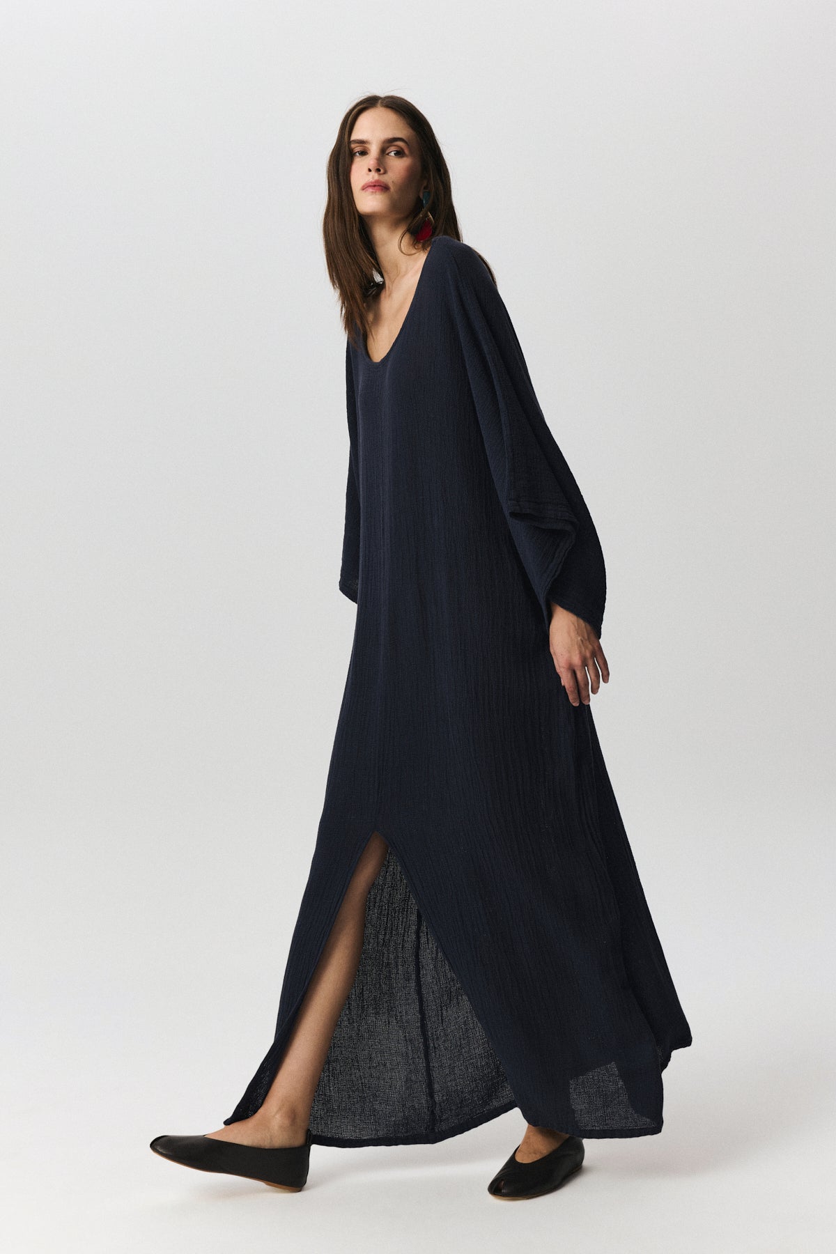 Berta cotton-linen dress with front slit and draped silhouette