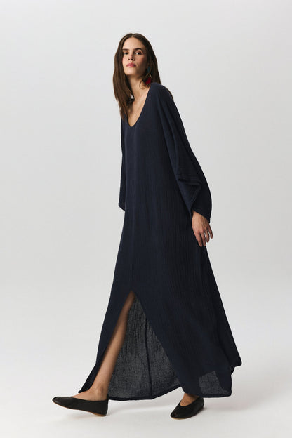 Berta cotton-linen dress with front slit and draped silhouette