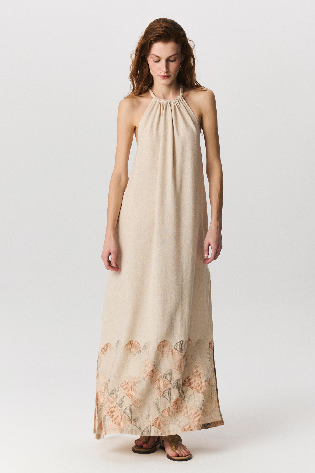 Delfi halter dress in cotton linen with open back and mosaic hem