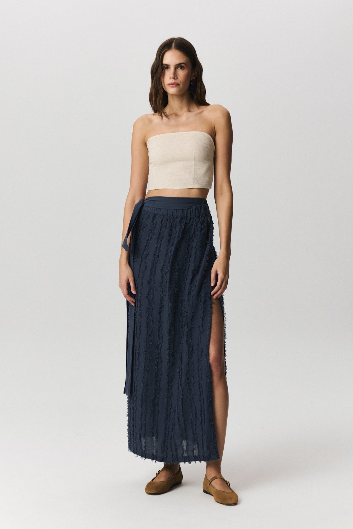 Eva Skirt with side-tie detail in fringed textured cotton