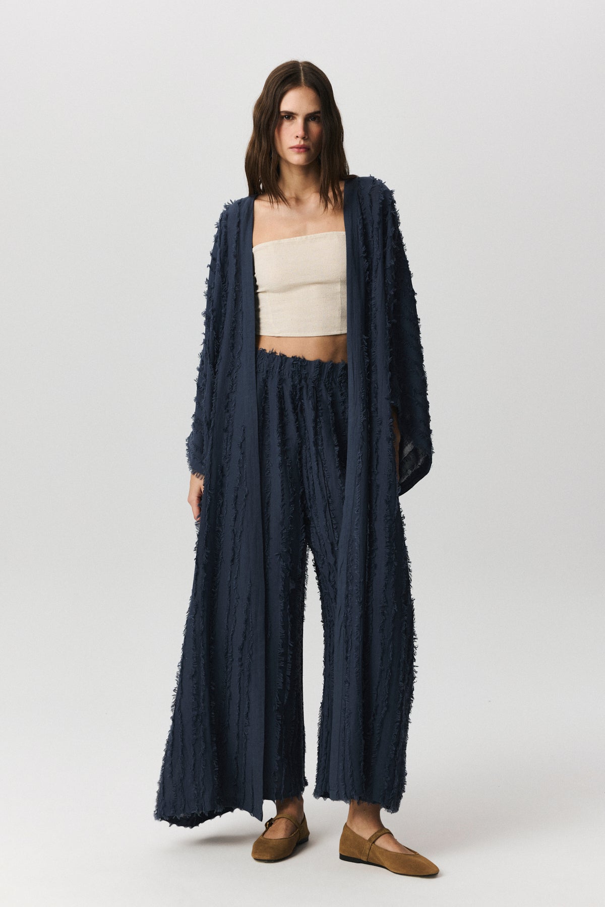 Eva Maxi Kimono in textured fringed cotton, full length