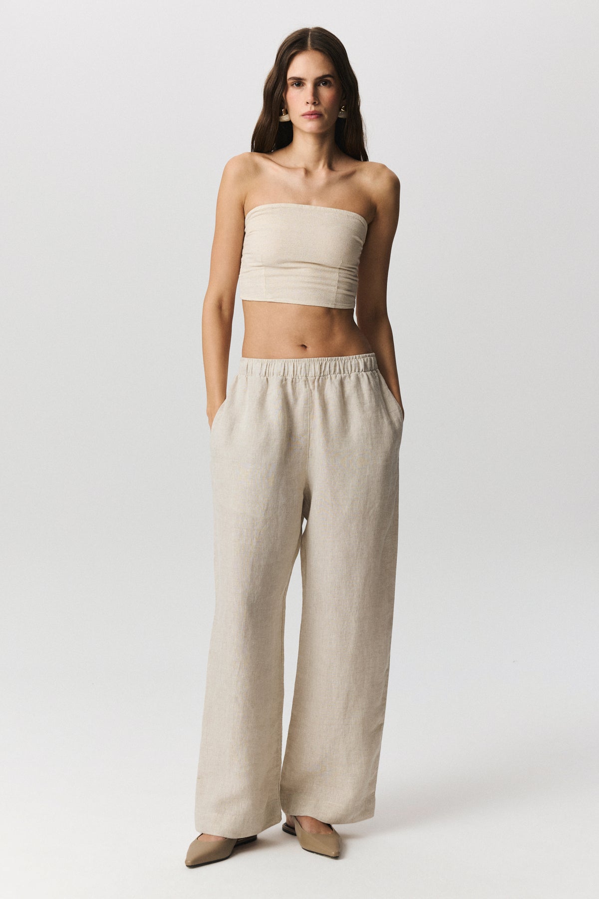 Flora wide-leg linen trousers with elasticated waist in natural fabric