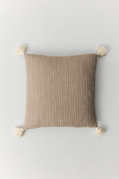 Fresco mélange cotton waffle cushion with pompom detail in beige