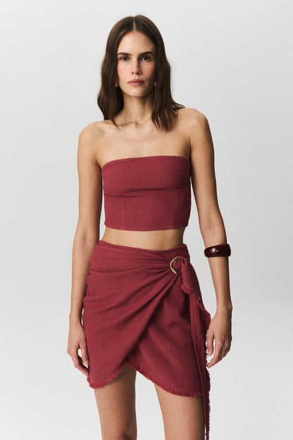Pagos strapless crop top with tie detail in cotton linen