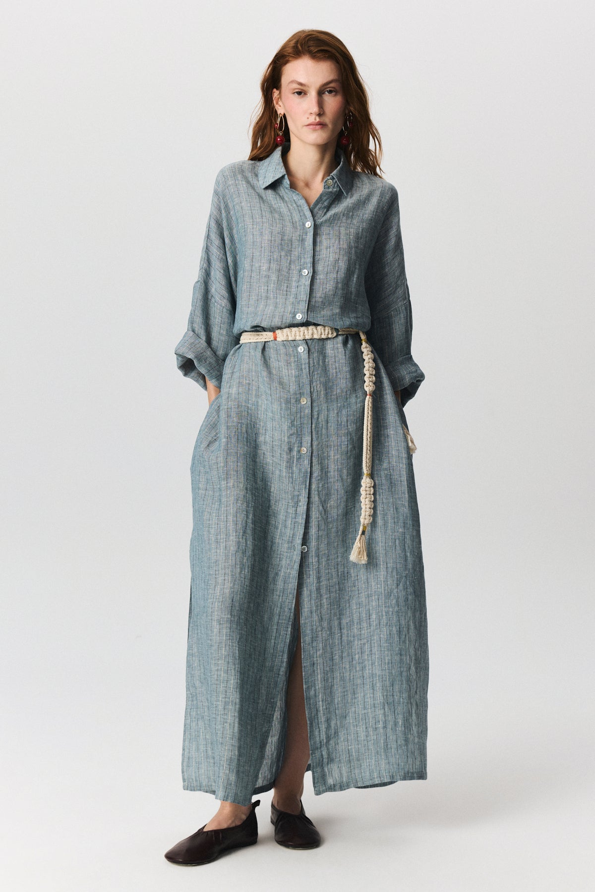 Sally Maxi linen dress with belt detail and mother-of-pearl buttons