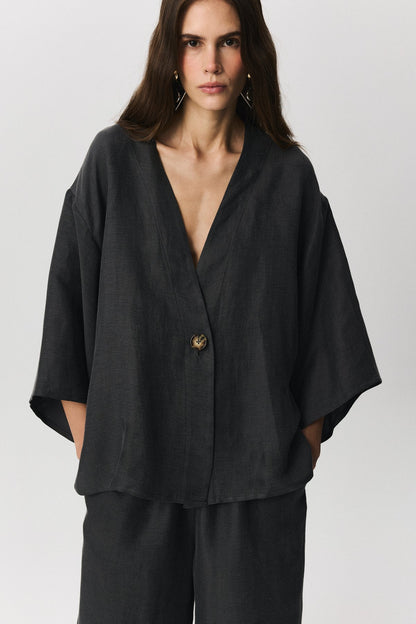 Seta linen cupro jacket with flowing silhouette and bone button detail