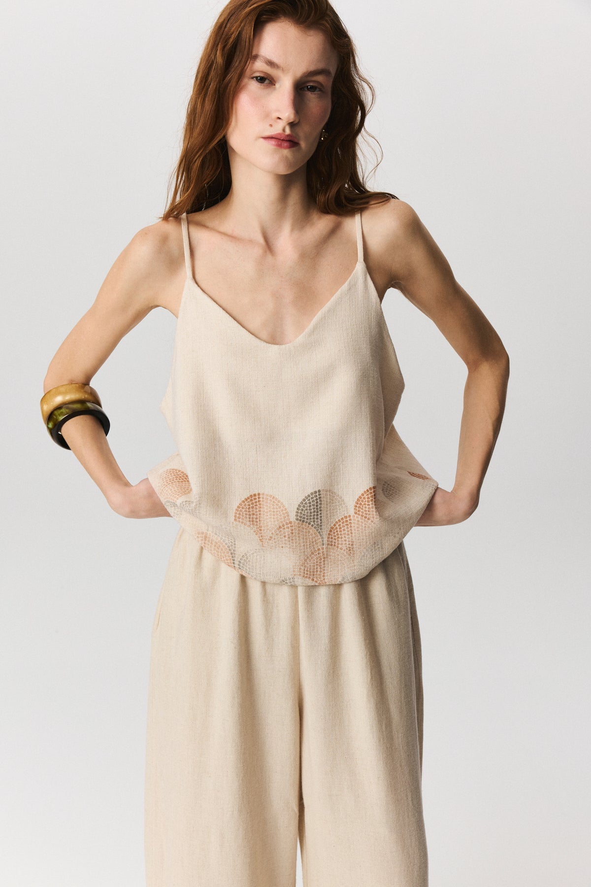 Thalia cotton linen rope strap top with V-neck and mosaic detail