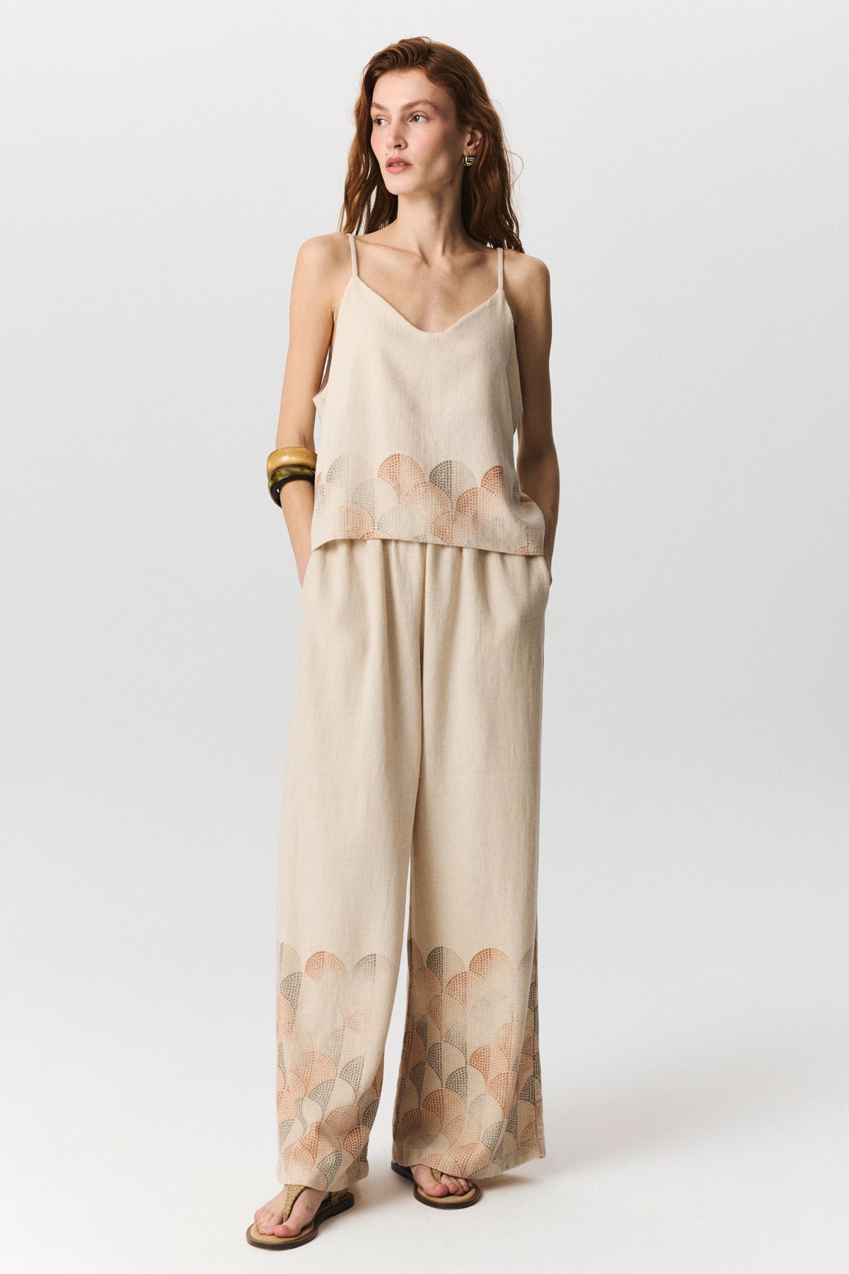 Thalia cotton linen trousers with elasticated waist and mosaic hem detail