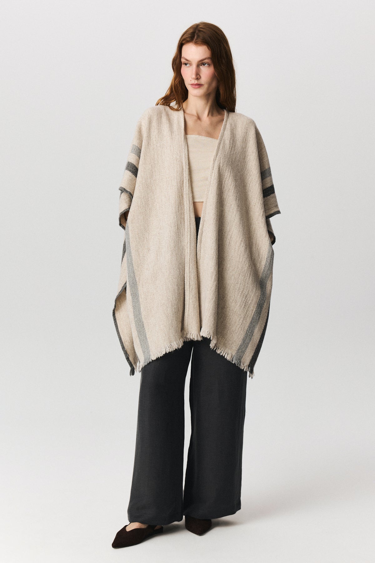 Toronto unisex wool-blend poncho with striped design and leather ties