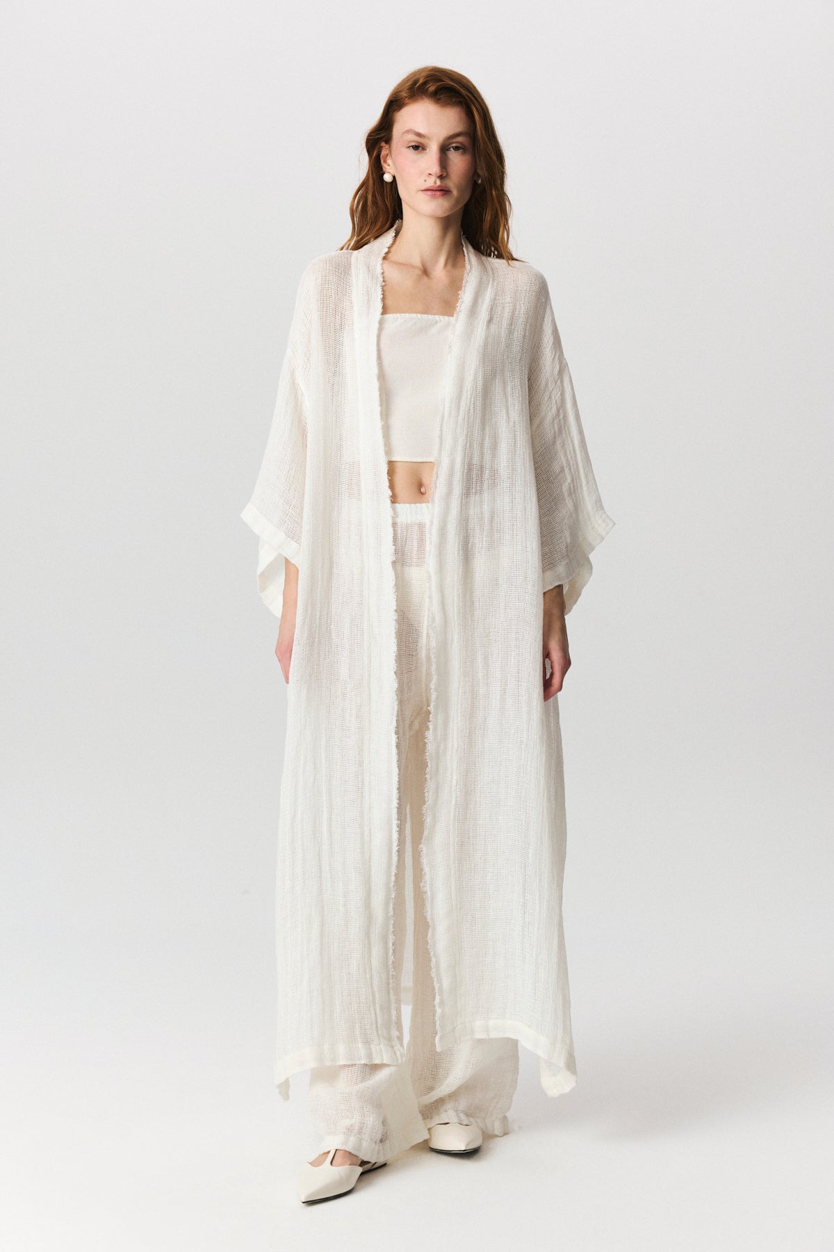 Vega Kimono in natural linen with open front and side slits